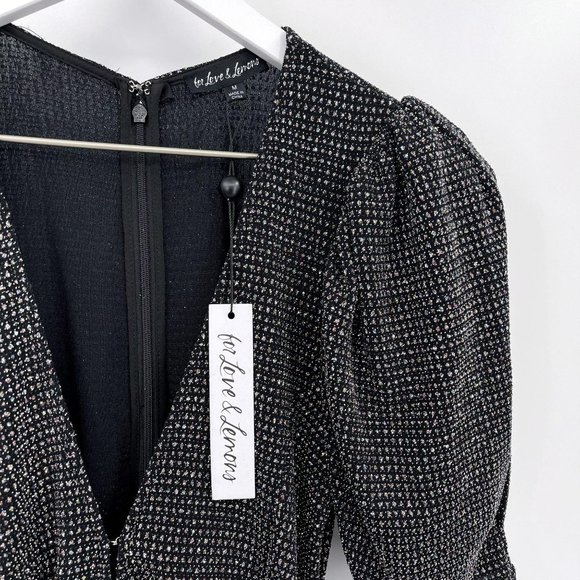 For Love & Lemons Black Margaux Glitter Deep V Ruched Mini Dress Womens M NWT - Picture 4 of 12